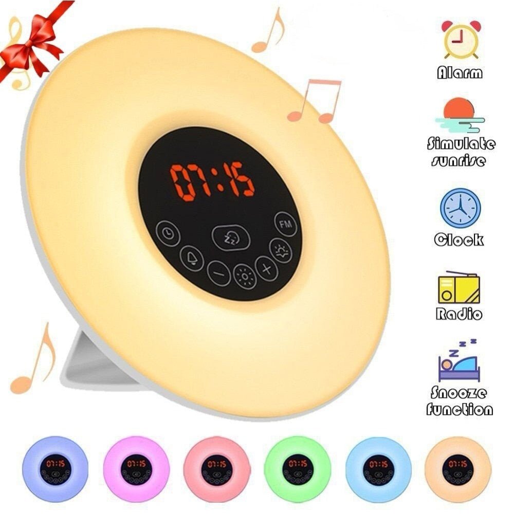 Sunrise Alarm Clock Wake Up Colorful Light Simulation Digital Alarm Clock Nature Sounds FM Radio Snooze Function Touch Control